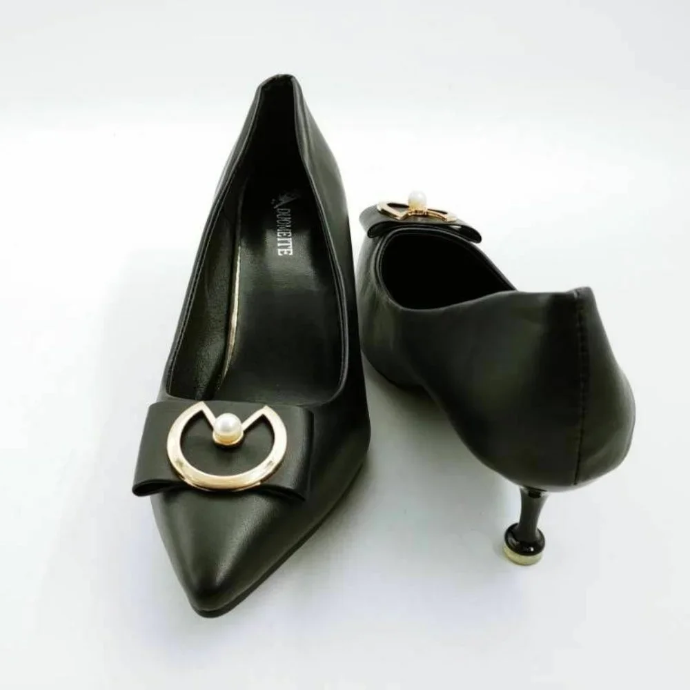 Black Pointed Toe Pumps with Gold Ring & Pearl Accent